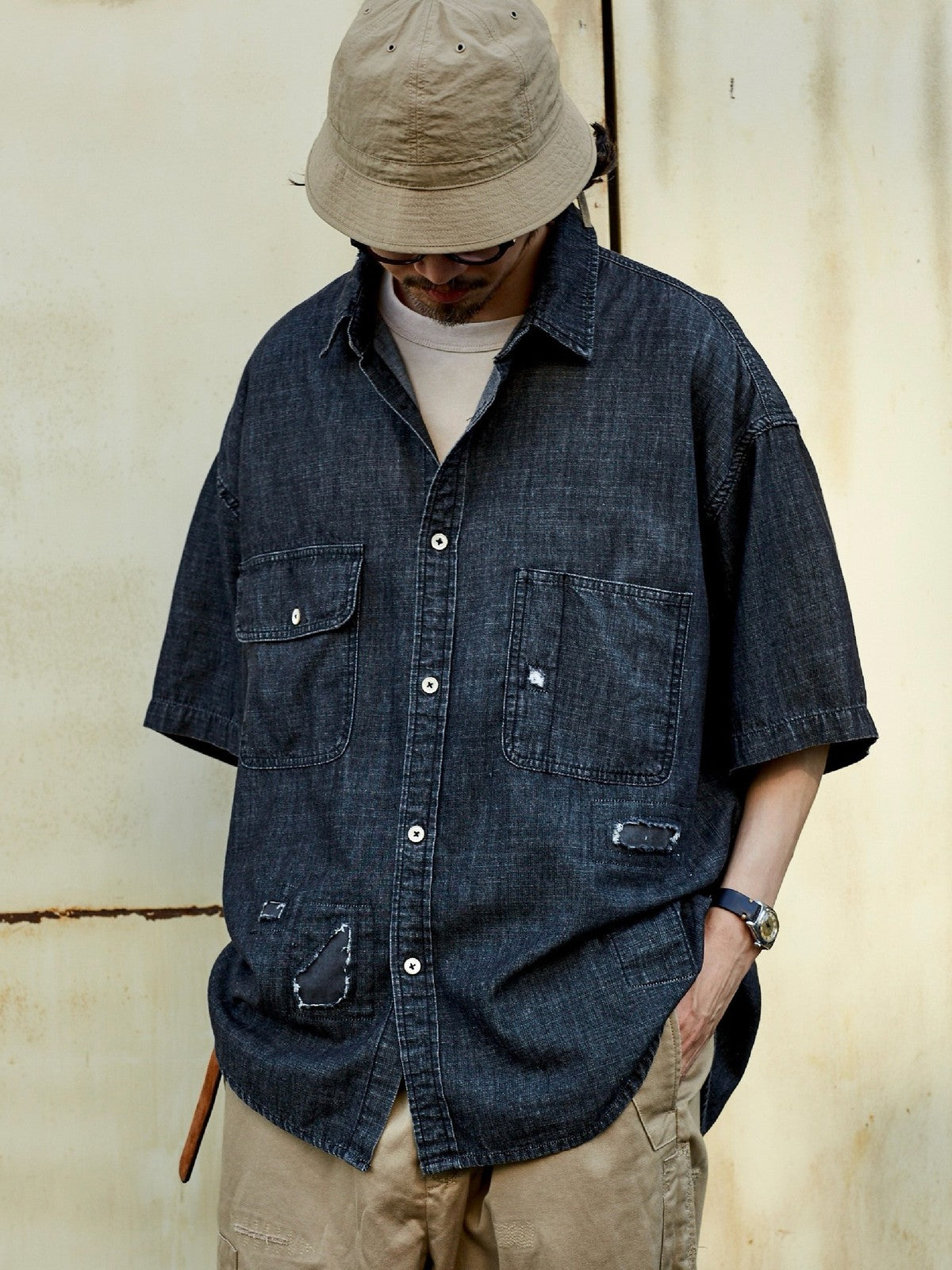 USAGE Distressed Short Sleeve Denim Shirt in Gray - On Male Model