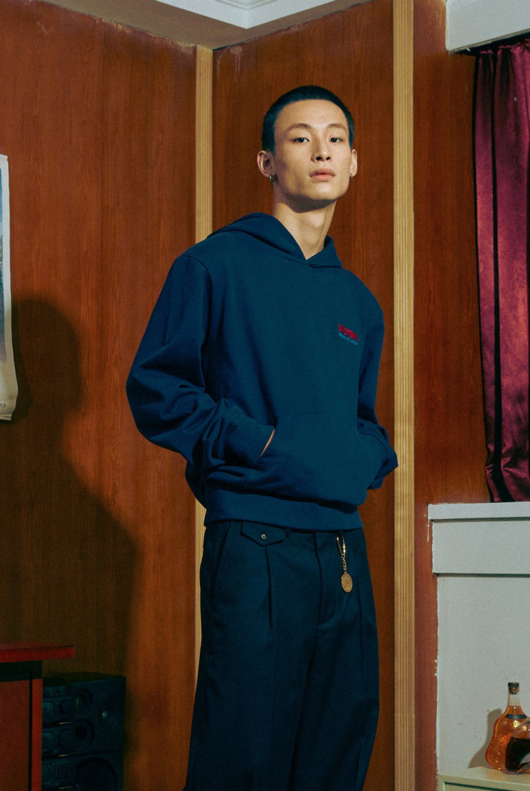 SOD Embroidered Padded Shoulder Hoodie in Blue - On Male Model