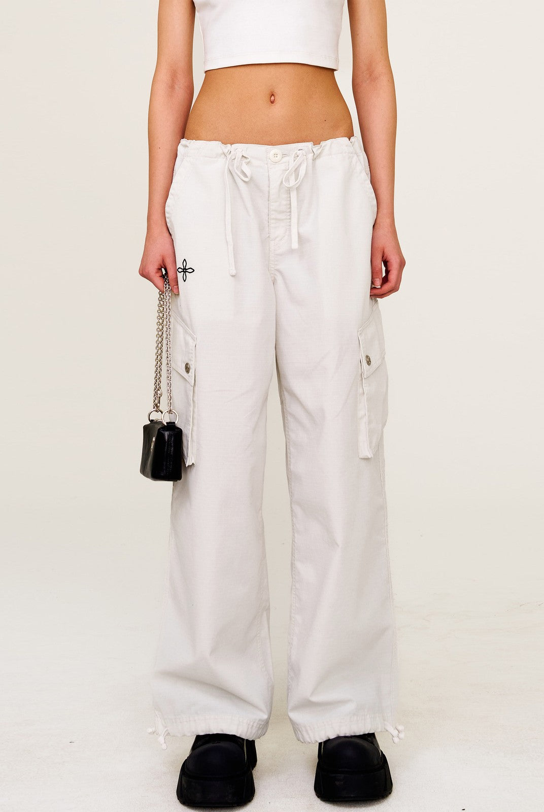 SMFK Wide Leg Parachute Cargo Pants in Gray - On Female Model