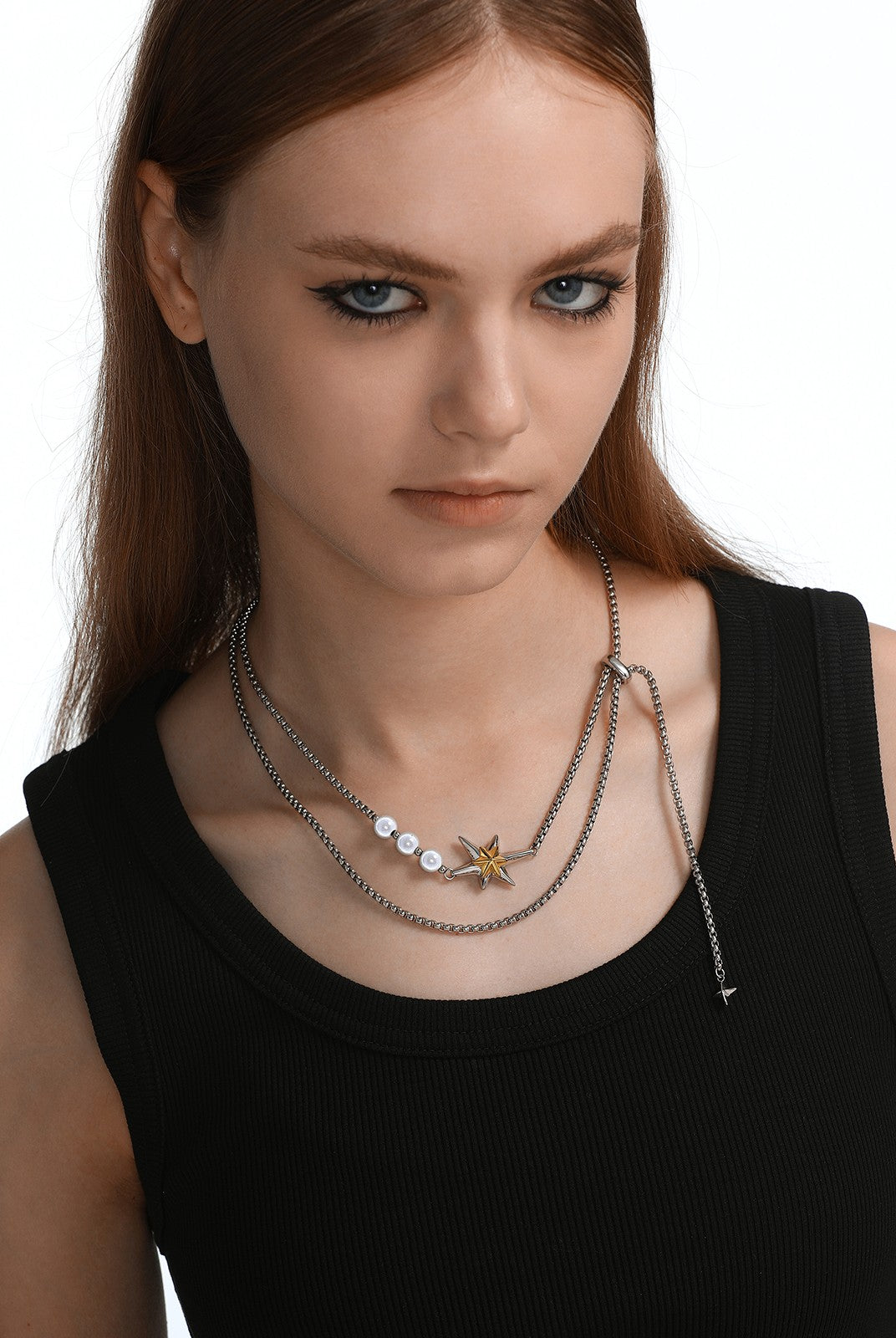 BLACKHEAD Star Pendant Pearl Layered Necklace in Gray - On Female Model