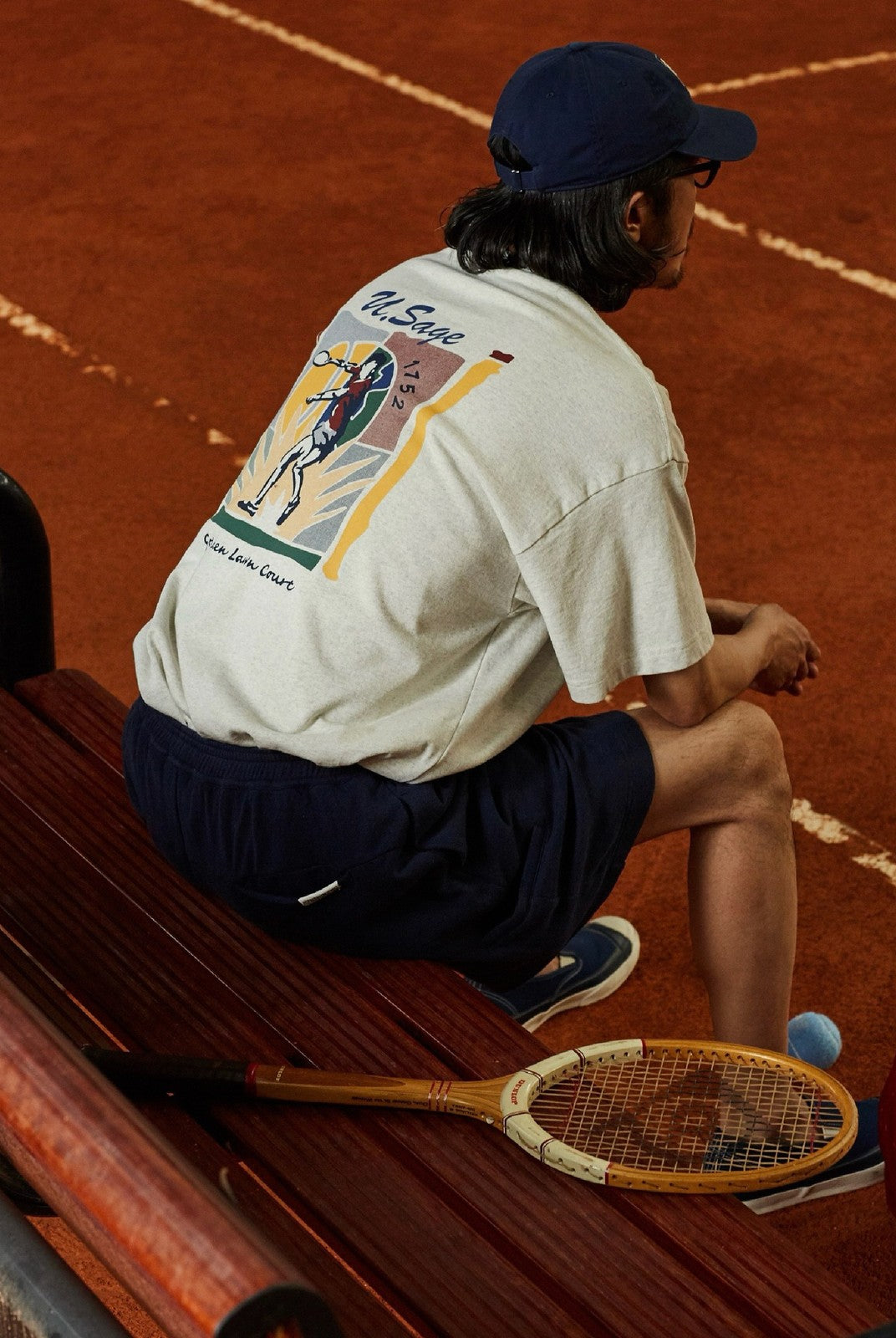 USAGE Retro Tennis Graphic Cotton T Shirt in Gray - On Male Model