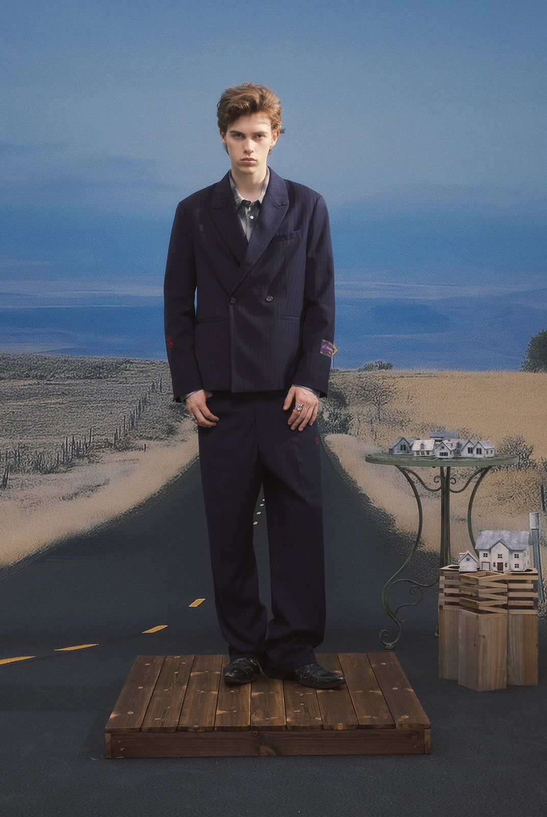 SOD Striped Double Breasted Wool Blend Blazer in Navy Blue - On Male Model