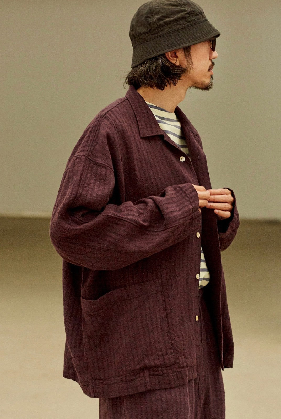 USAGE Textured Cotton Ramie Work Shirt in Purple - On Male Model