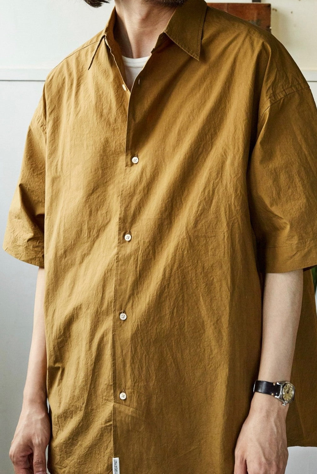 USAGE Cotton Crinkle Short Sleeve Shirt in Beige - On Male Model