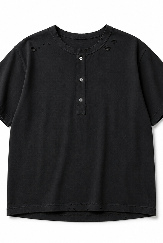 Mingstreet ASC launch still-life | UNKNOWNWORLD | Distressed Cotton Henley T Shirt | Black | crumple_regen_confirmed_2026-06-25