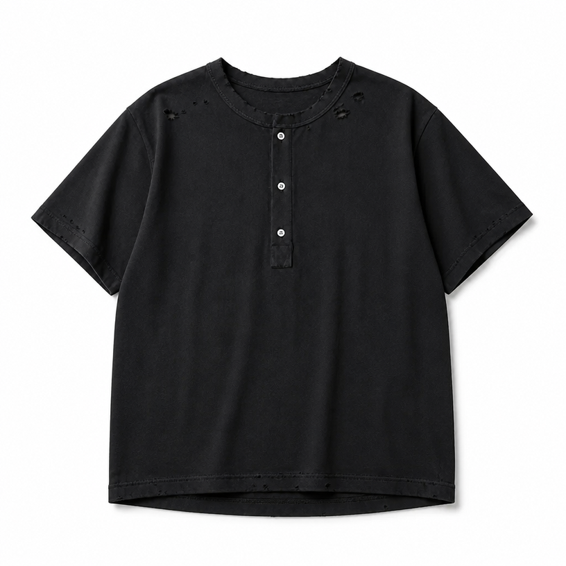 Mingstreet ASC launch still-life | UNKNOWNWORLD | Distressed Cotton Henley T Shirt | Black | crumple_regen_confirmed_2026-06-25