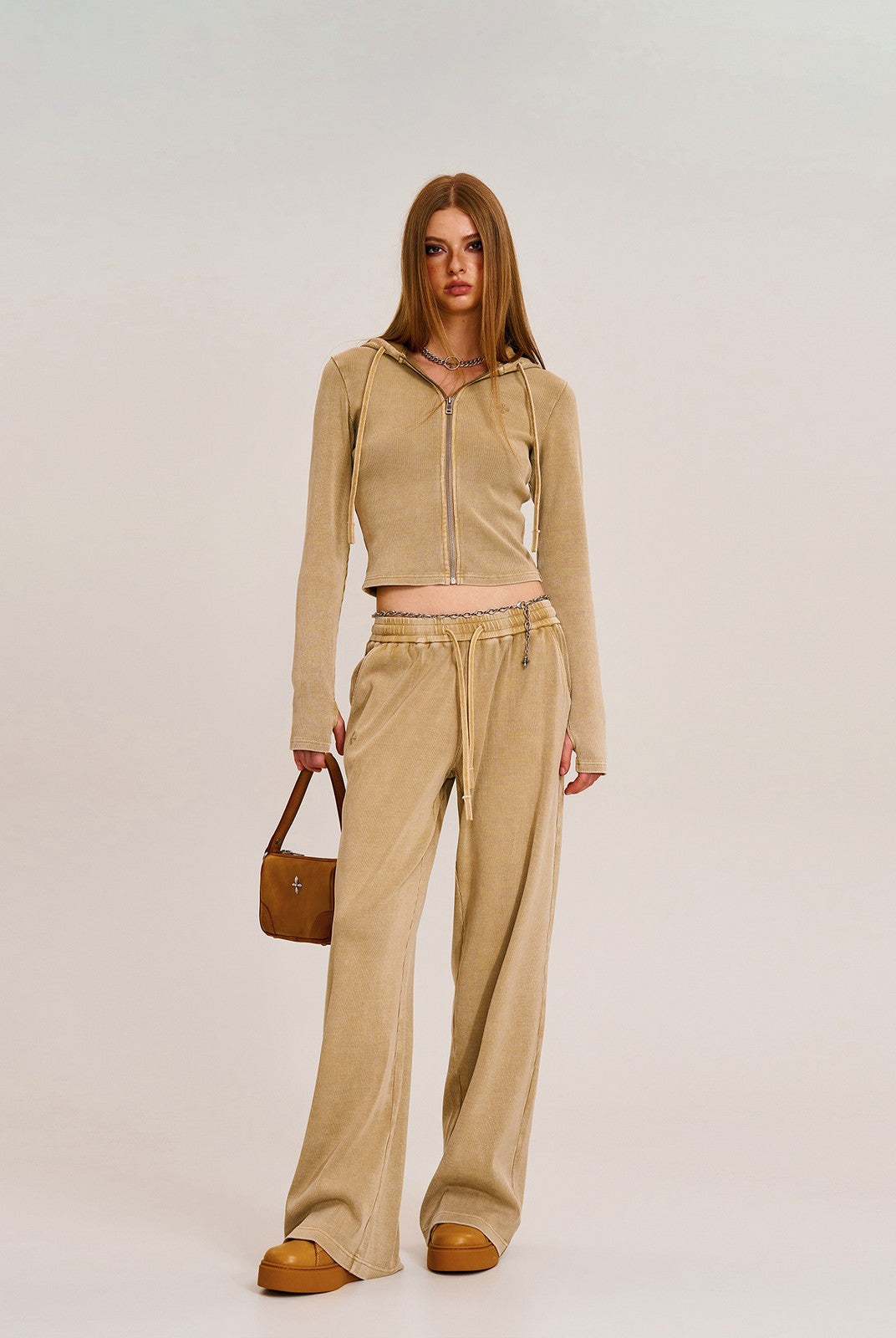 SMFK Washed Ribbed Zip Up Hoodie in Beige - On Female Model