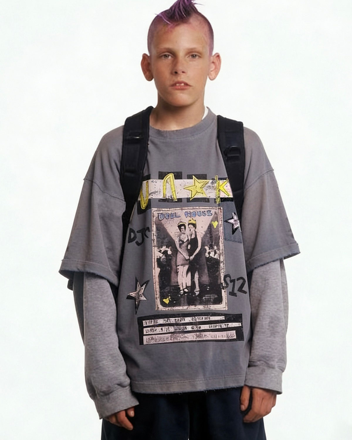 UNKNOWNWORLD Sun Faded Distressed Graphic T Shirt in Denim - On Male Model