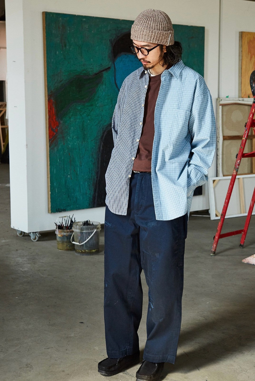 USAGE Hand Distressed Patched Chinos in Navy Blue - On Male Model