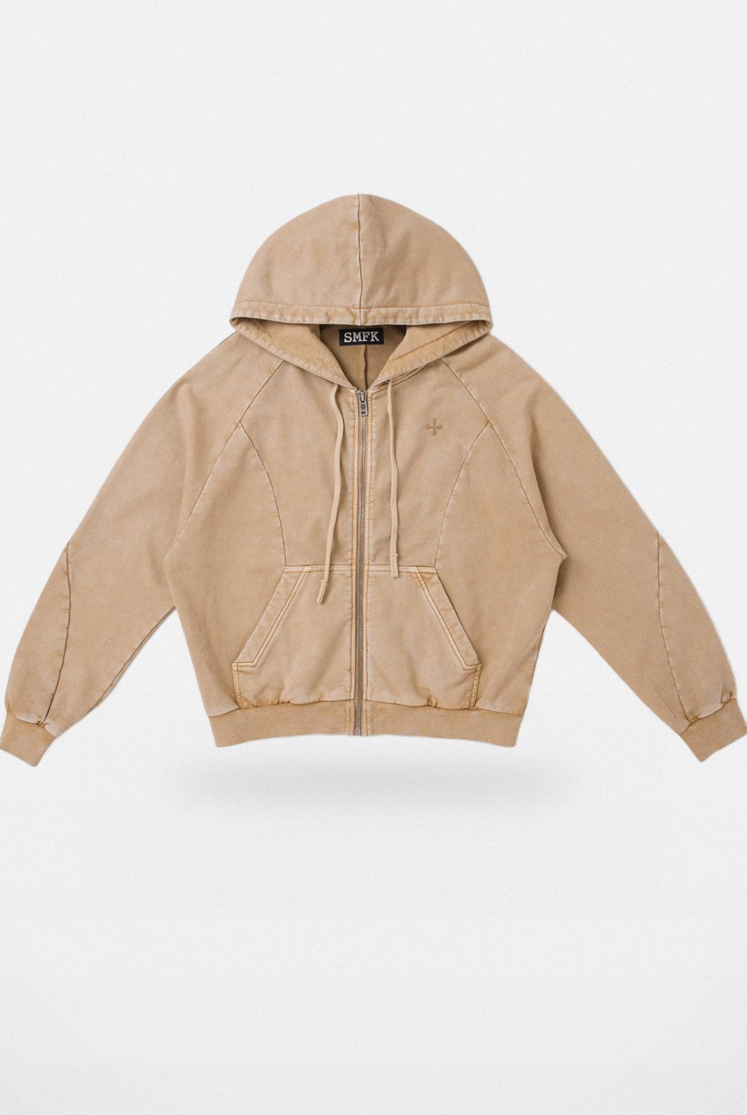 SMFK Distressed Washed Cotton Zip Up Hoodie in Beige