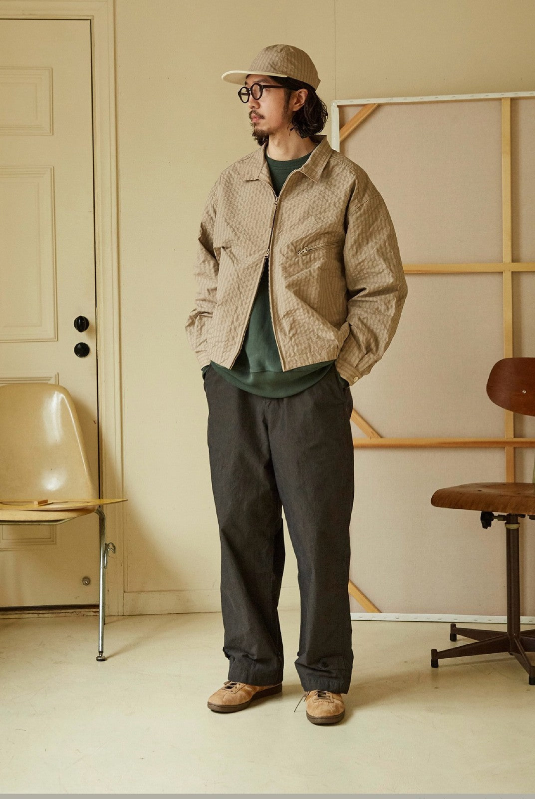 USAGE Jacquard Check Harrington Jacket in Beige - On Male Model