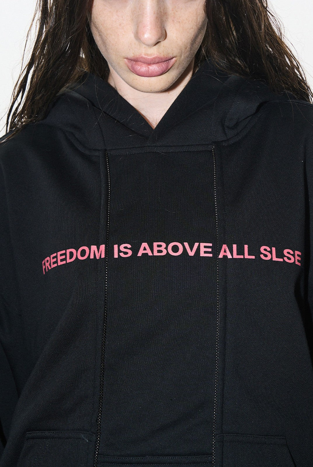 BLINDNOPLAN Faux Double Layer Paneled Hoodie in Black - On Female Model