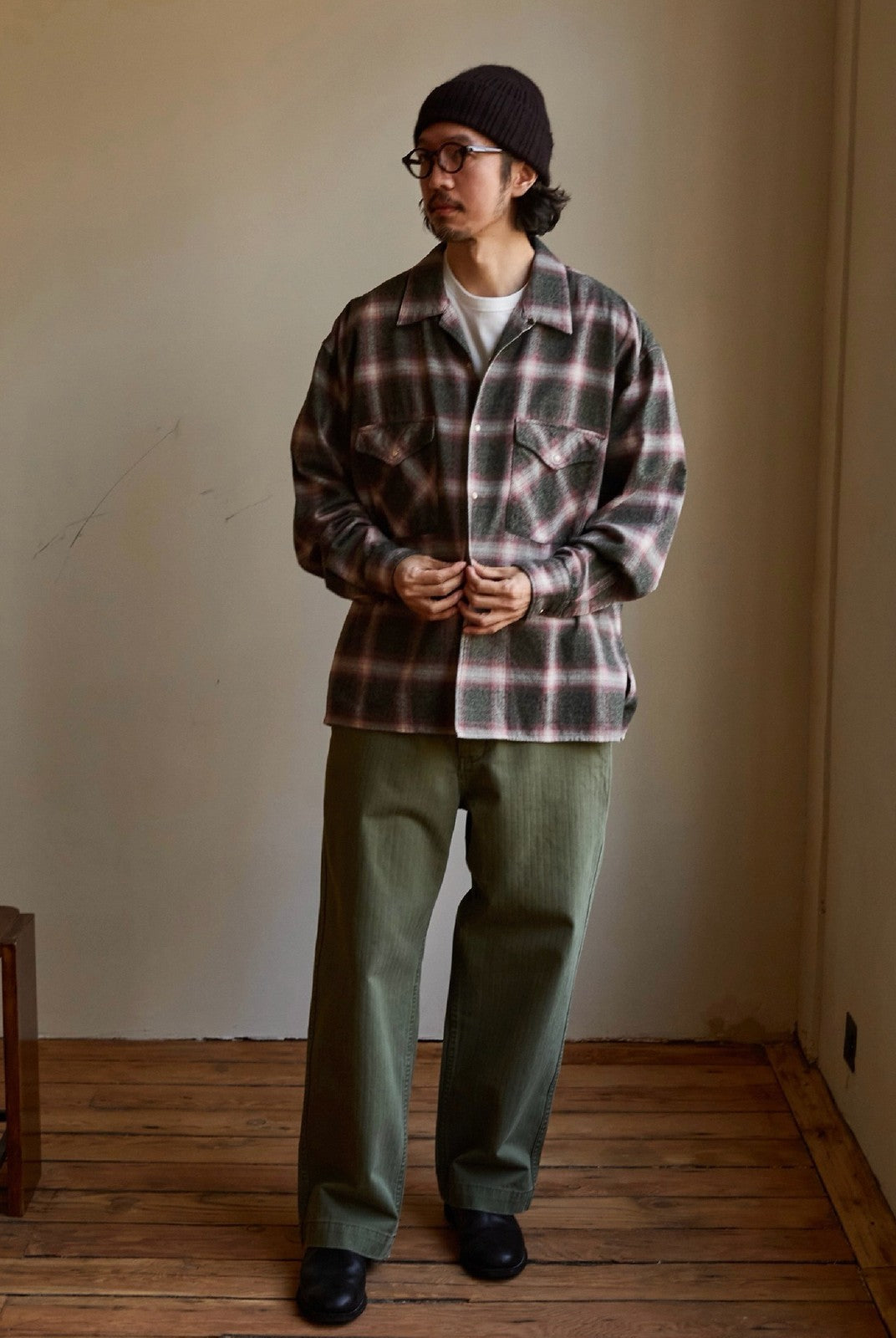 USAGE Brushed Plaid Western Shirt in Olive - On Male Model