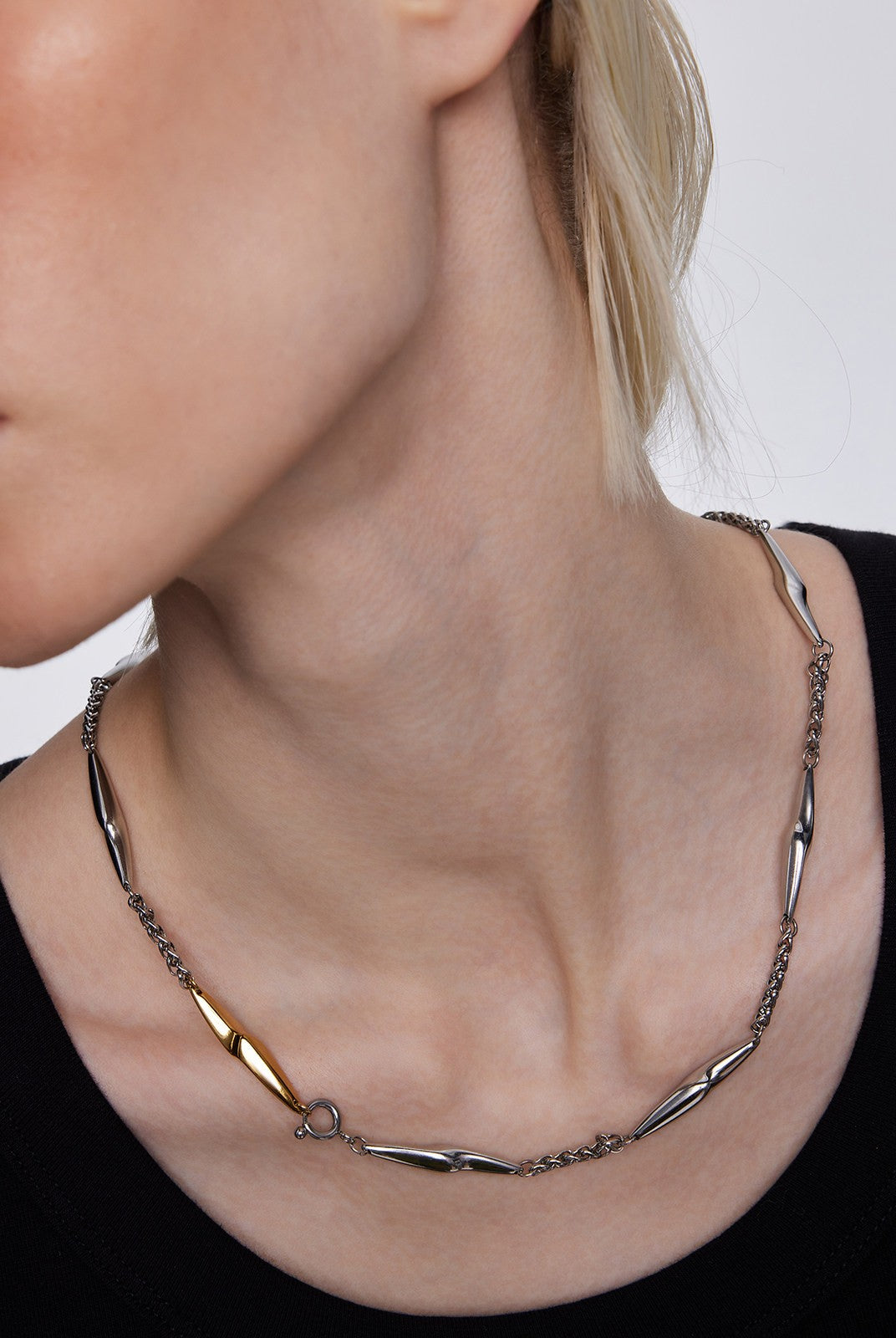 BLACKHEAD Two Tone Lightning Bolt Necklace in Gray - On Female Model