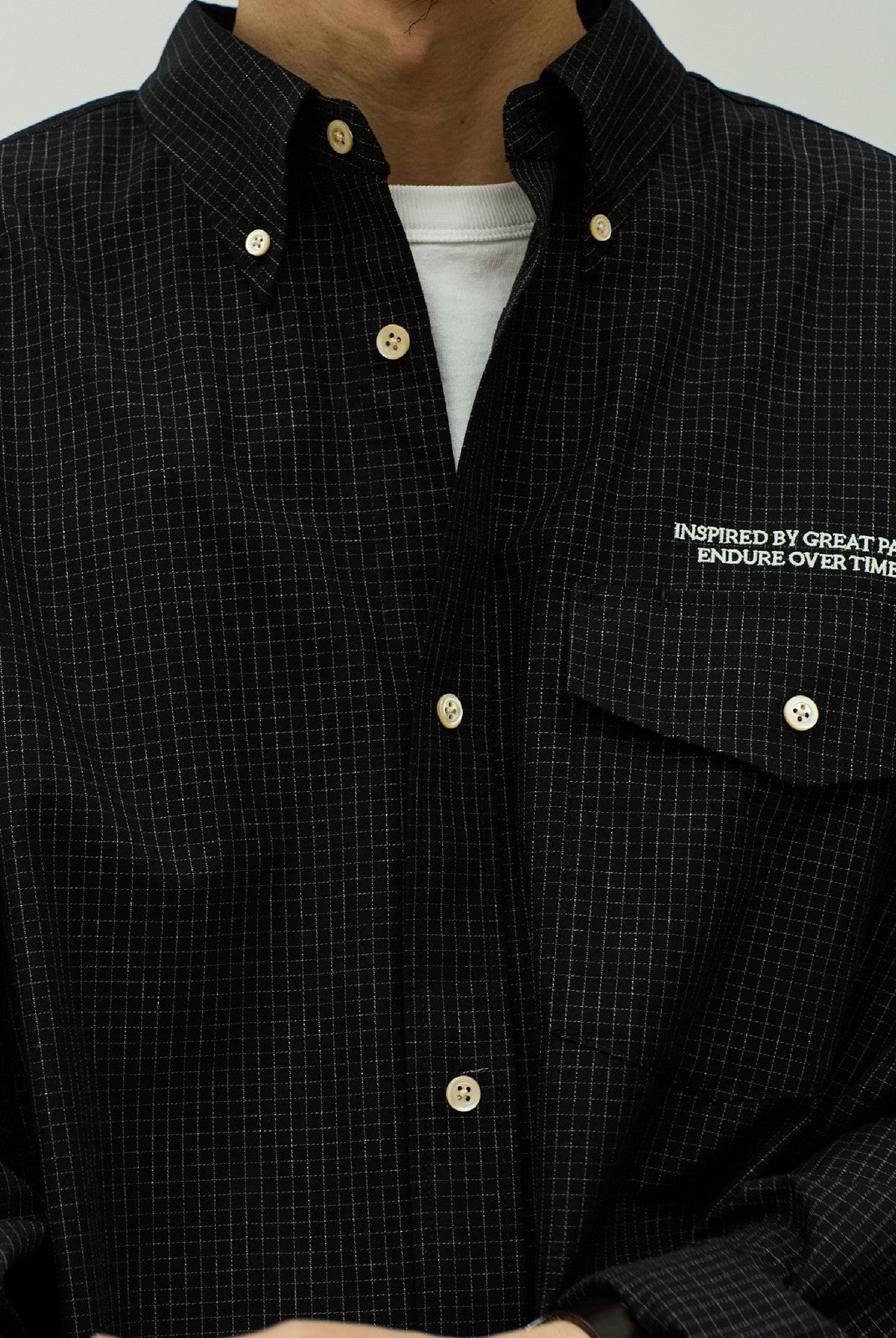 USAGE Oversized Micro Check Button Down Shirt in Black - On Male Model