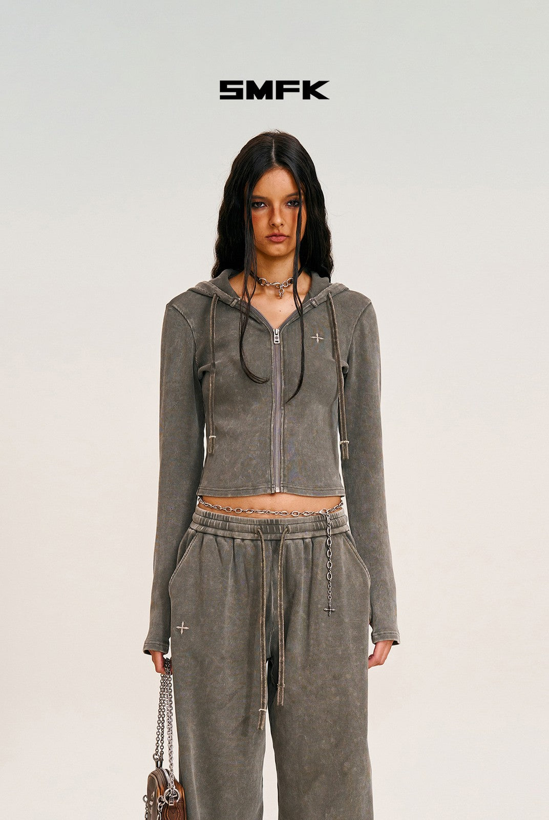SMFK Washed Ribbed Zip Up Hoodie in Gray - On Female Model