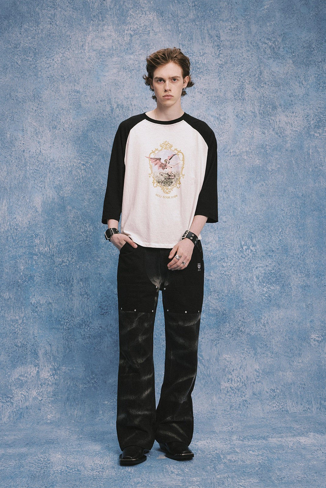 SOD Rivet Panel Micro Flare Jeans in Black - On Male Model