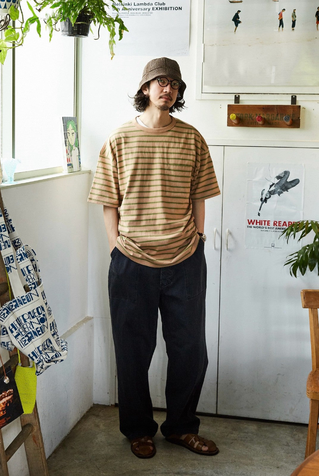USAGE Retro Striped Cotton T Shirt in Pink - On Male Model