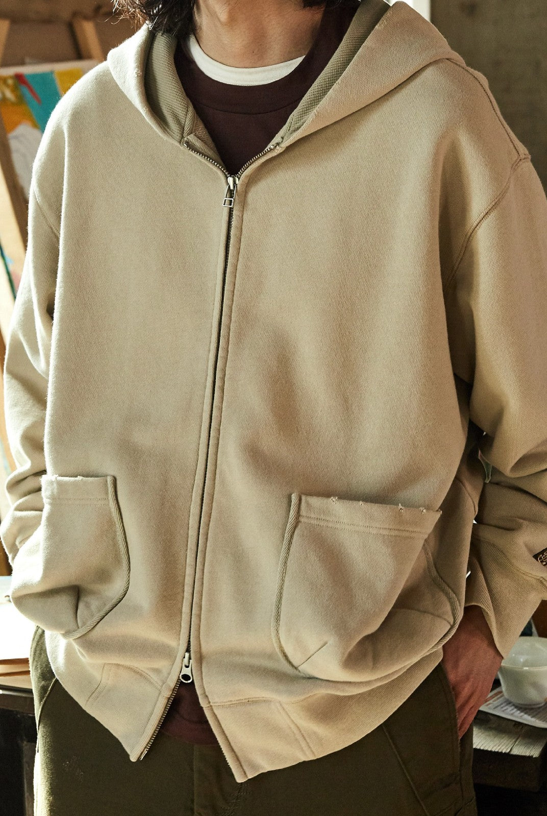 USAGE Hand Distressed Washed Zip Hoodie in Beige - On Male Model
