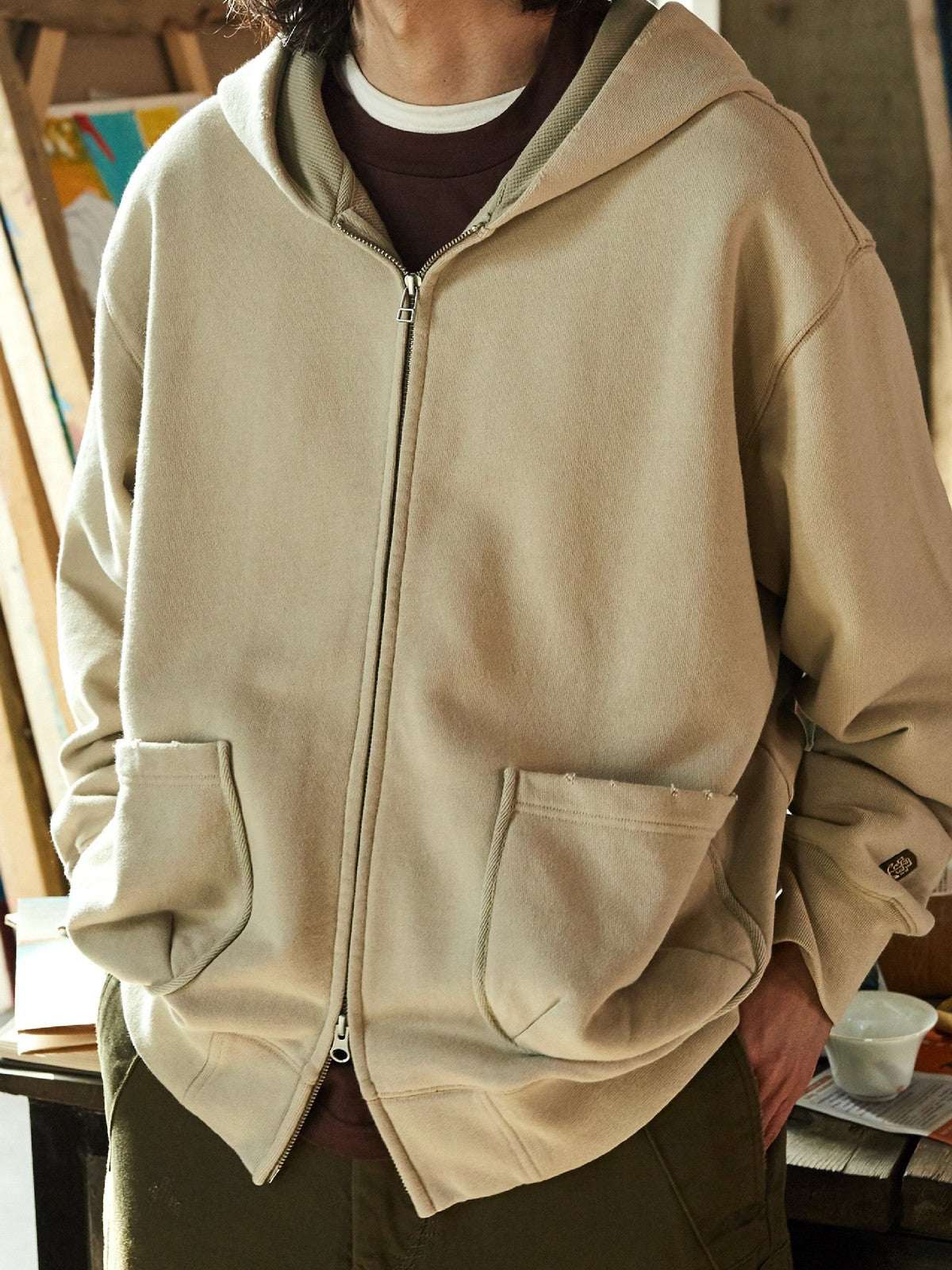 USAGE Hand Distressed Washed Zip Hoodie in Beige - On Male Model