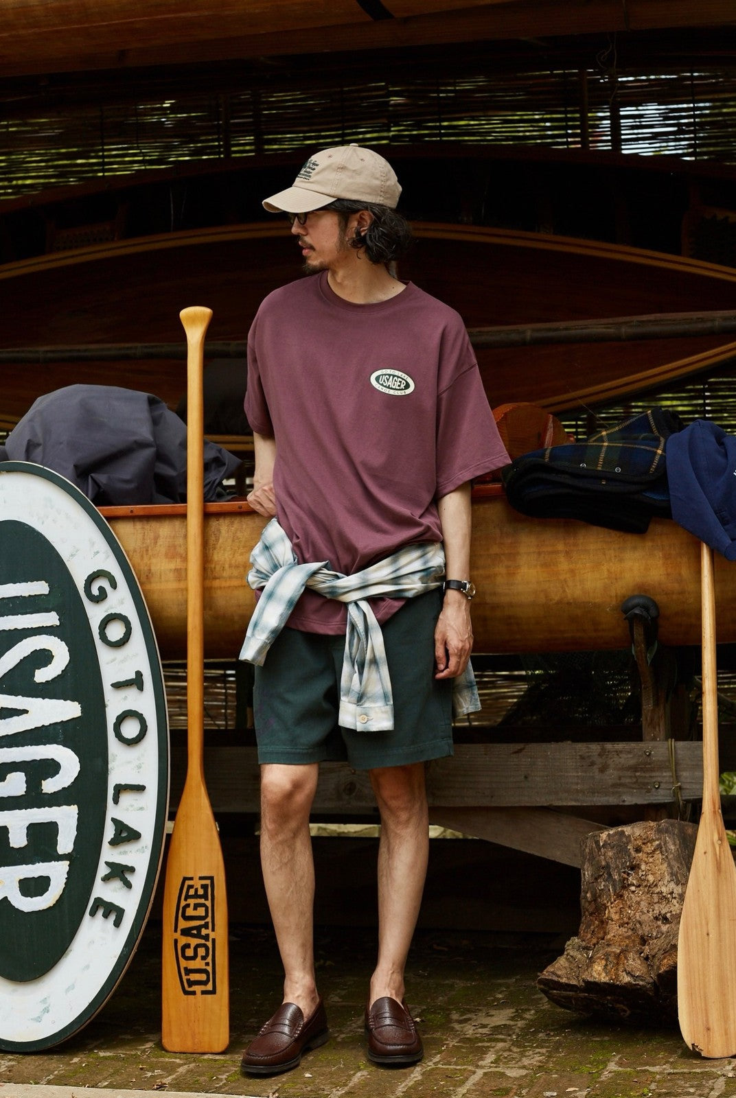 USAGE Canoe Club Graphic Cotton T Shirt in Burgundy - On Male Model