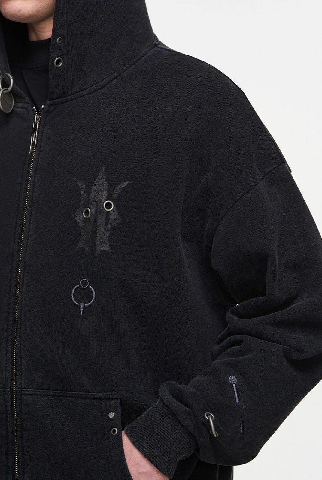 BLINDNOPLAN Washed Distressed Graphic Zip Hoodie in Black - On Male Model