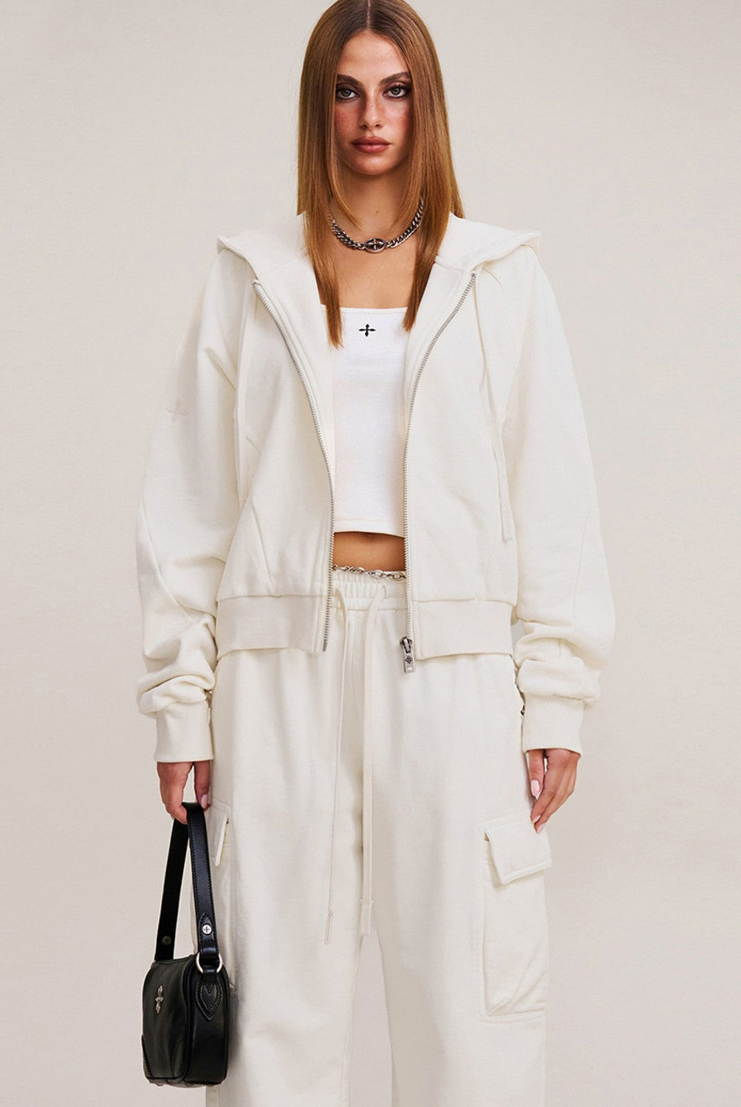 SMFK Garment Dyed Cotton Zip Up Hoodie in White - On Female Model