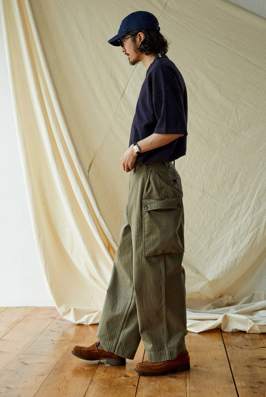 USAGE Heavyweight Herringbone Cargo Pants in Olive - On Male Model