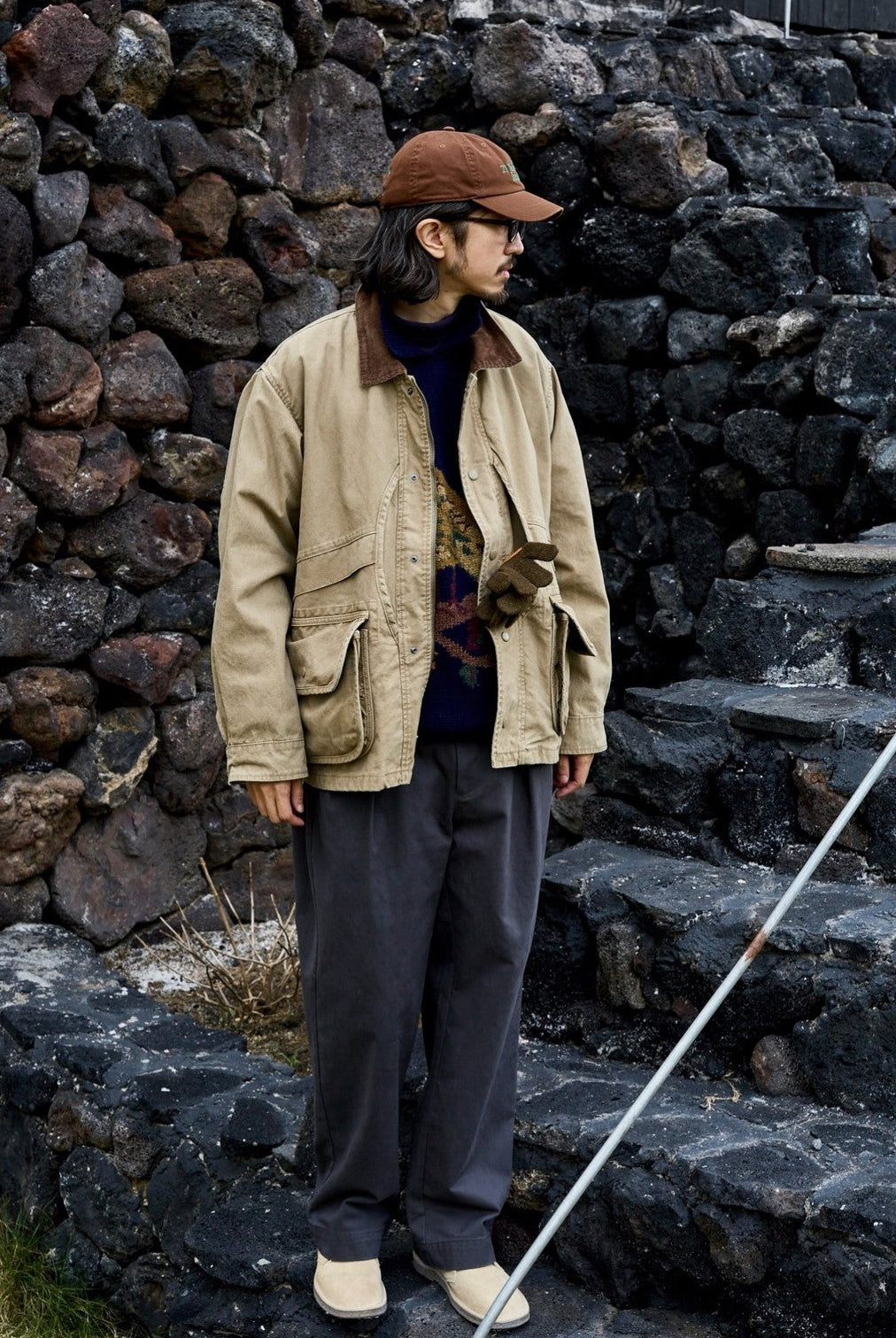 USAGE Heavyweight Cotton Canvas Barn Jacket in Beige - On Male Model