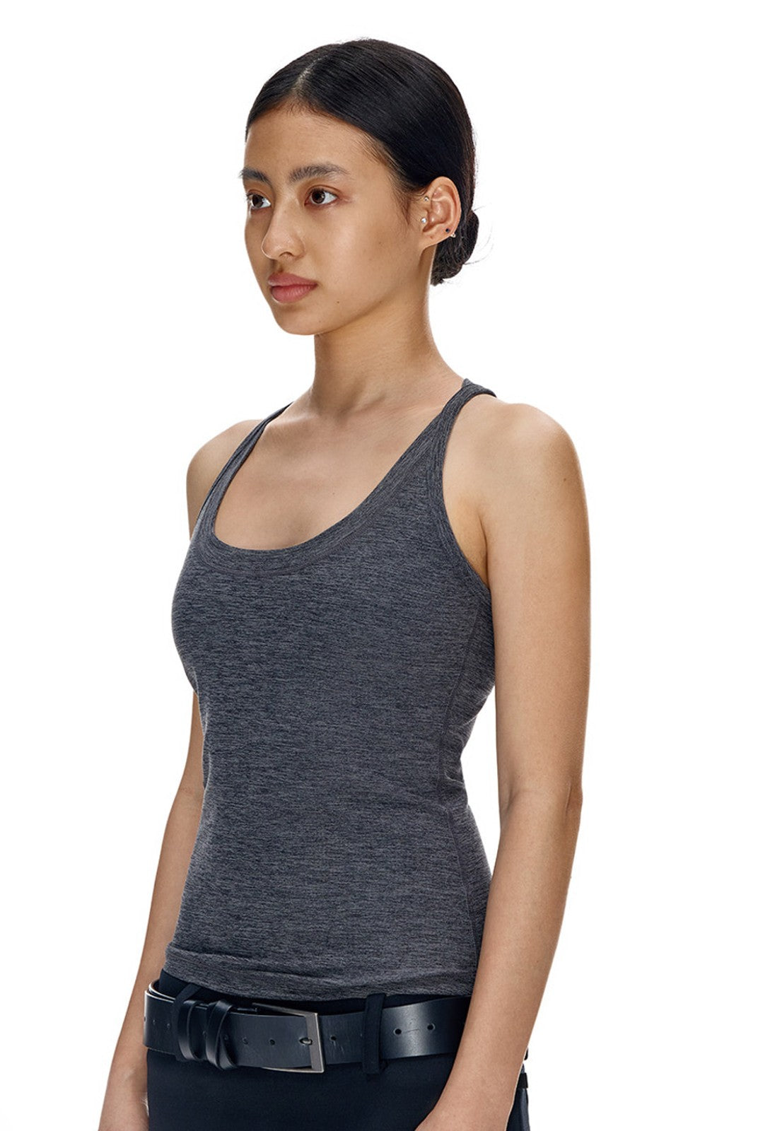 FaxCopyExpress Long U Cut Racer Tank in Gray - On Female Model
