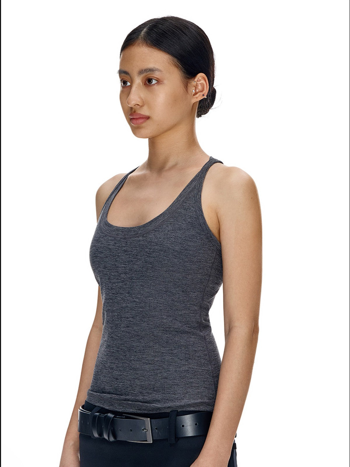 FaxCopyExpress Long U Cut Racer Tank in Gray - On Female Model