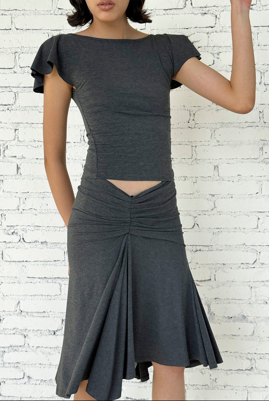 FaxCopyExpress Flutter Sleeve Open Back Top in Gray - On Female Model