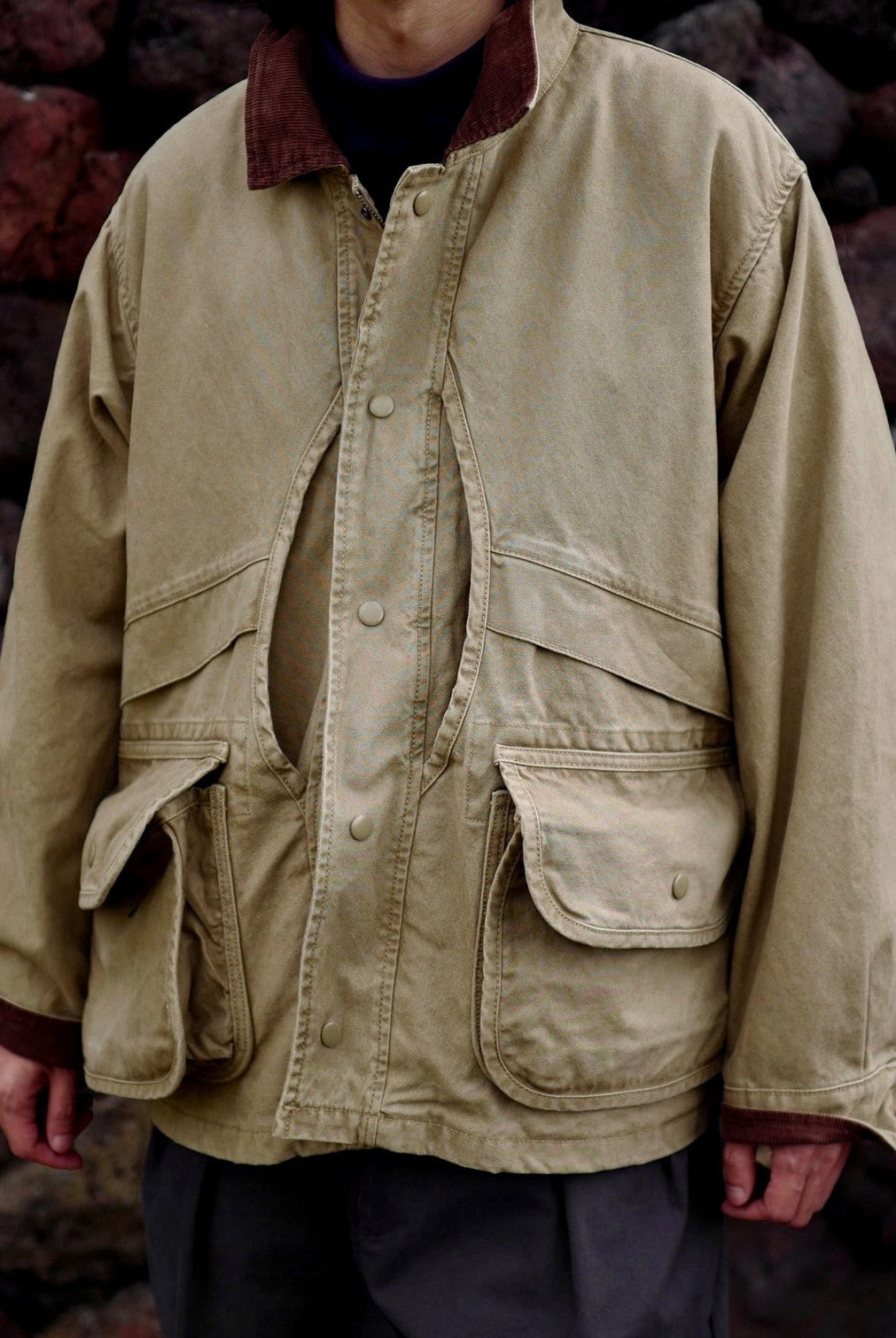 USAGE Heavyweight Cotton Canvas Barn Jacket in Beige - On Male Model