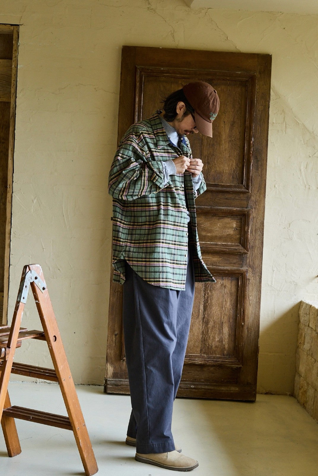 USAGE Detachable Hood Cotton Plaid Shirt in Green - On Male Model
