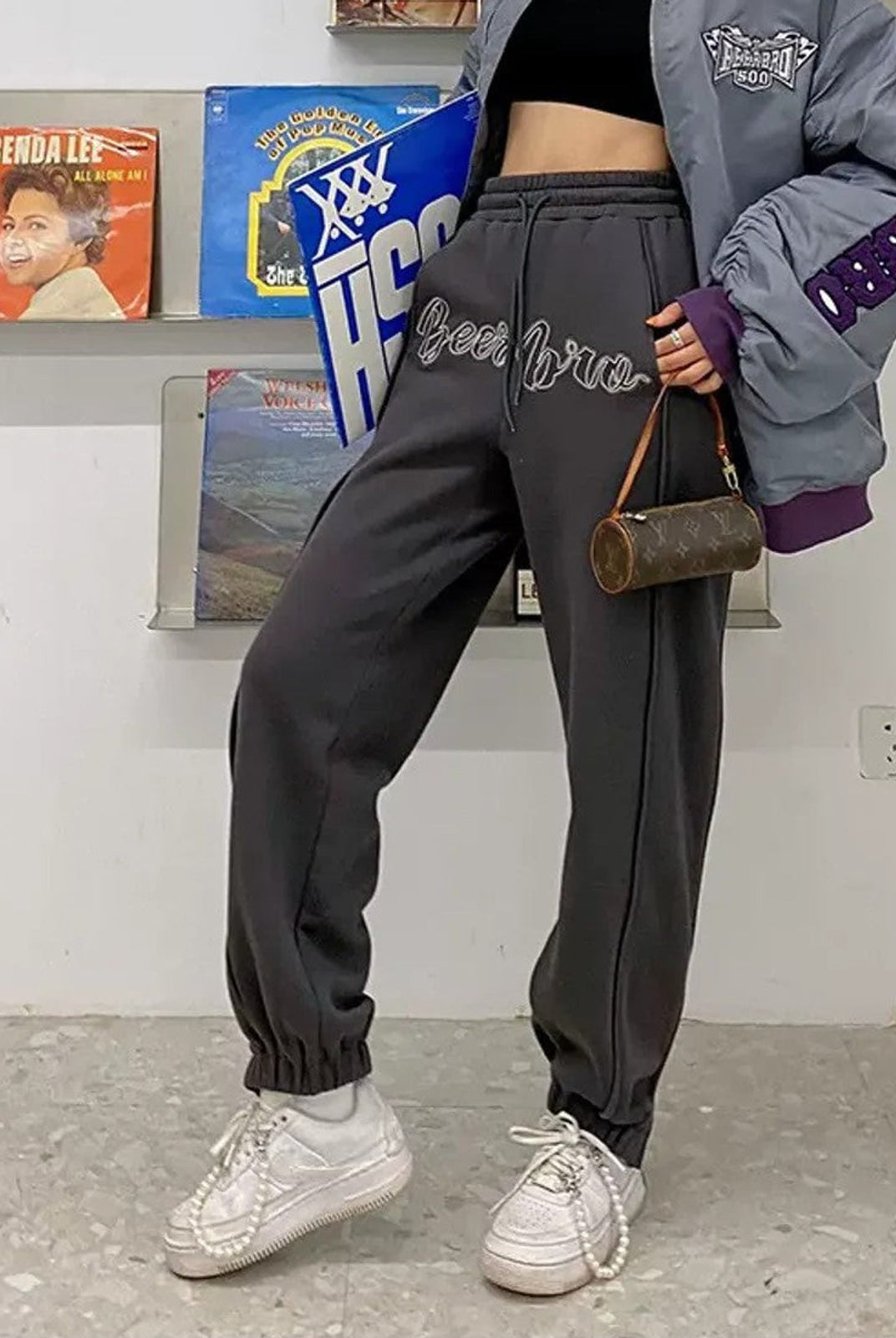 BeerBro Embroidered Script Joggers in Gray - On Female Model