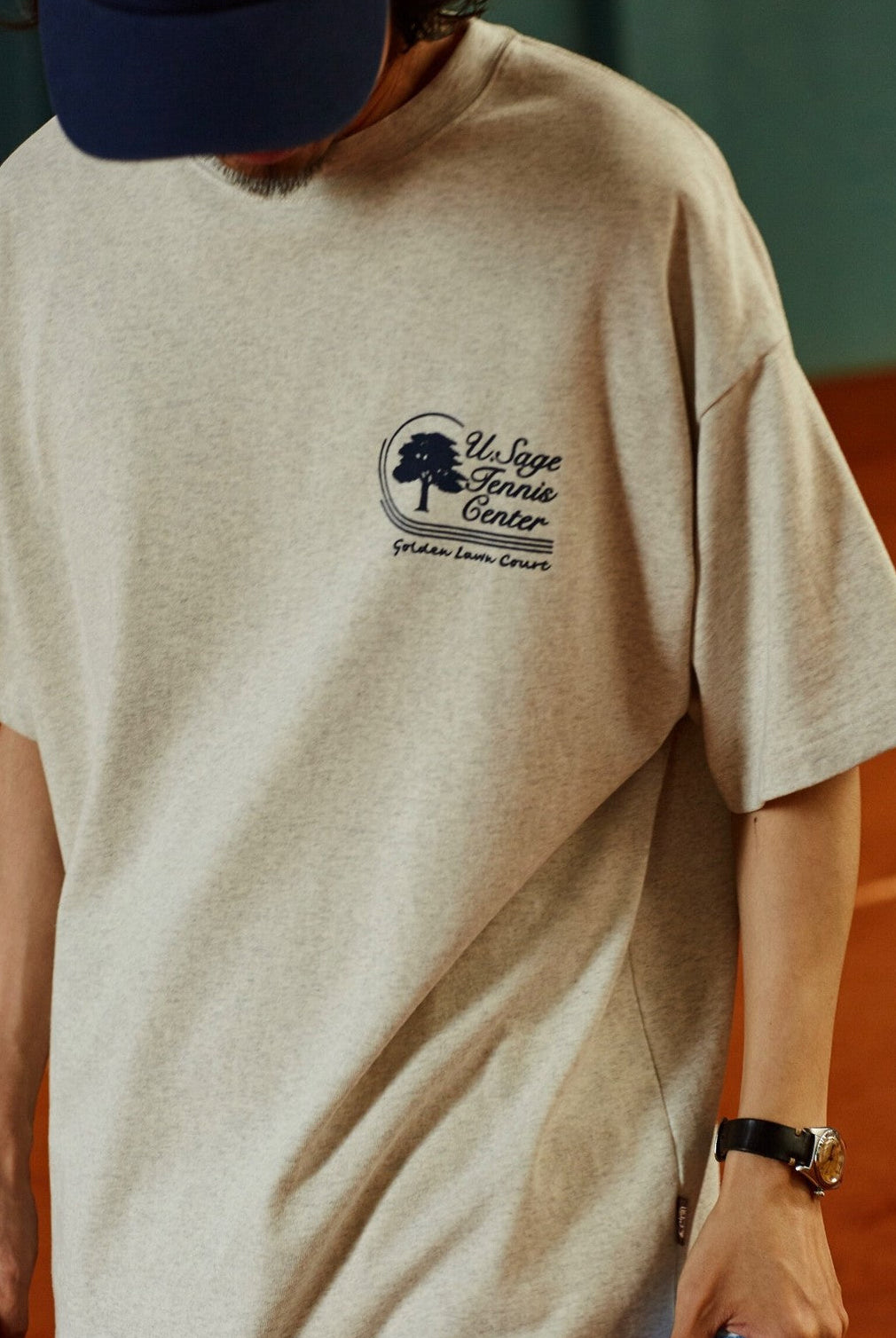 USAGE Retro Tennis Graphic Cotton T Shirt in Gray - On Male Model