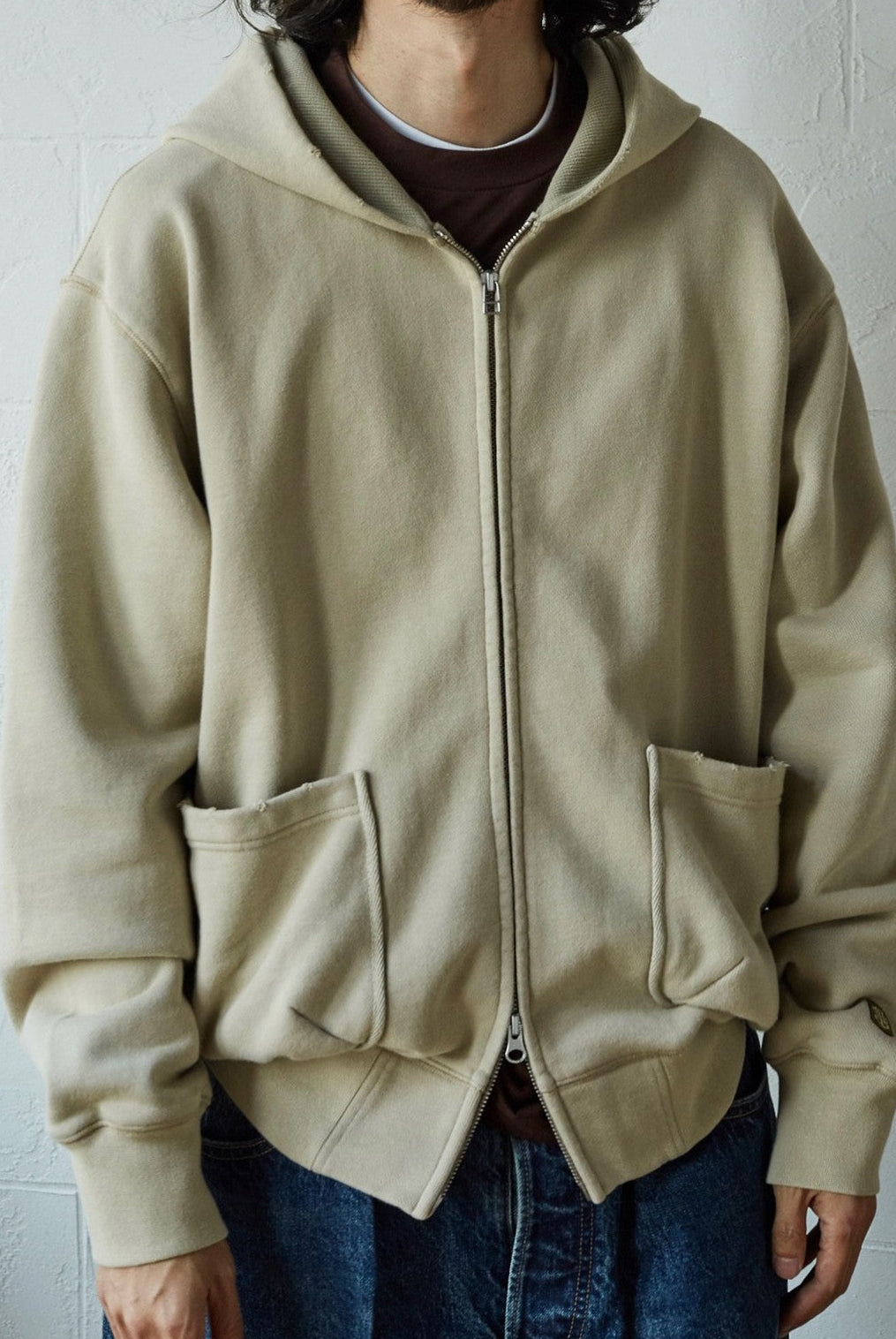 USAGE Hand Distressed Washed Zip Hoodie in Beige - On Male Model