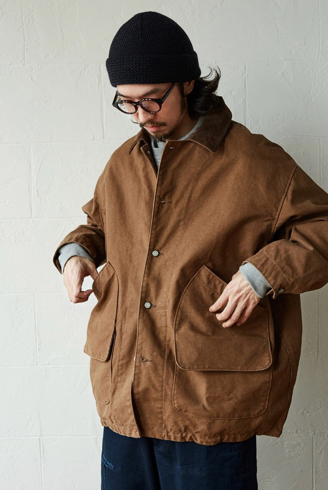 USAGE Heavyweight Canvas Hunting Jacket in Beige - On Male Model
