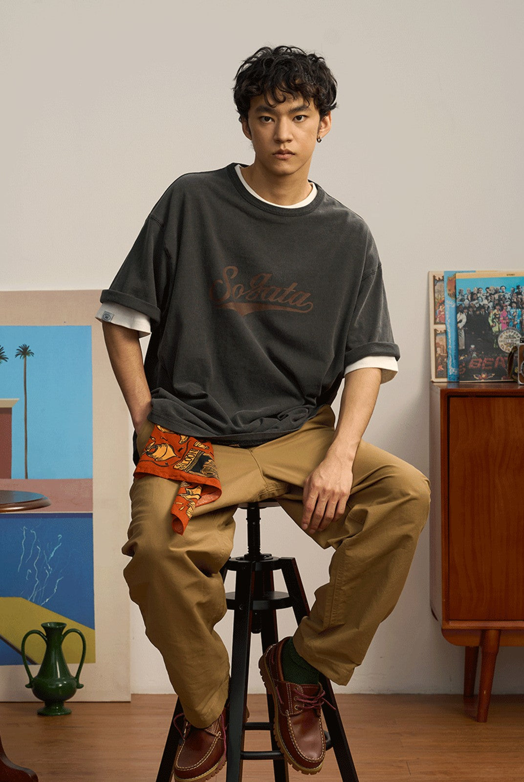 SOD Belted Cotton Nylon Tapered Pants in Beige - On Male Model