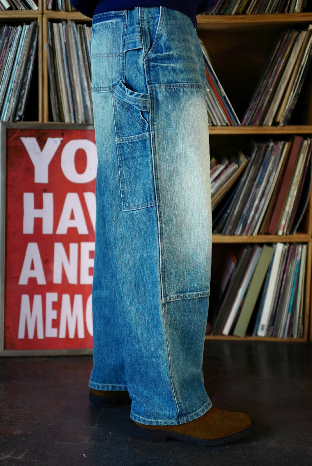 USAGE Washed Denim Double Knee Trousers in Denim - On Model