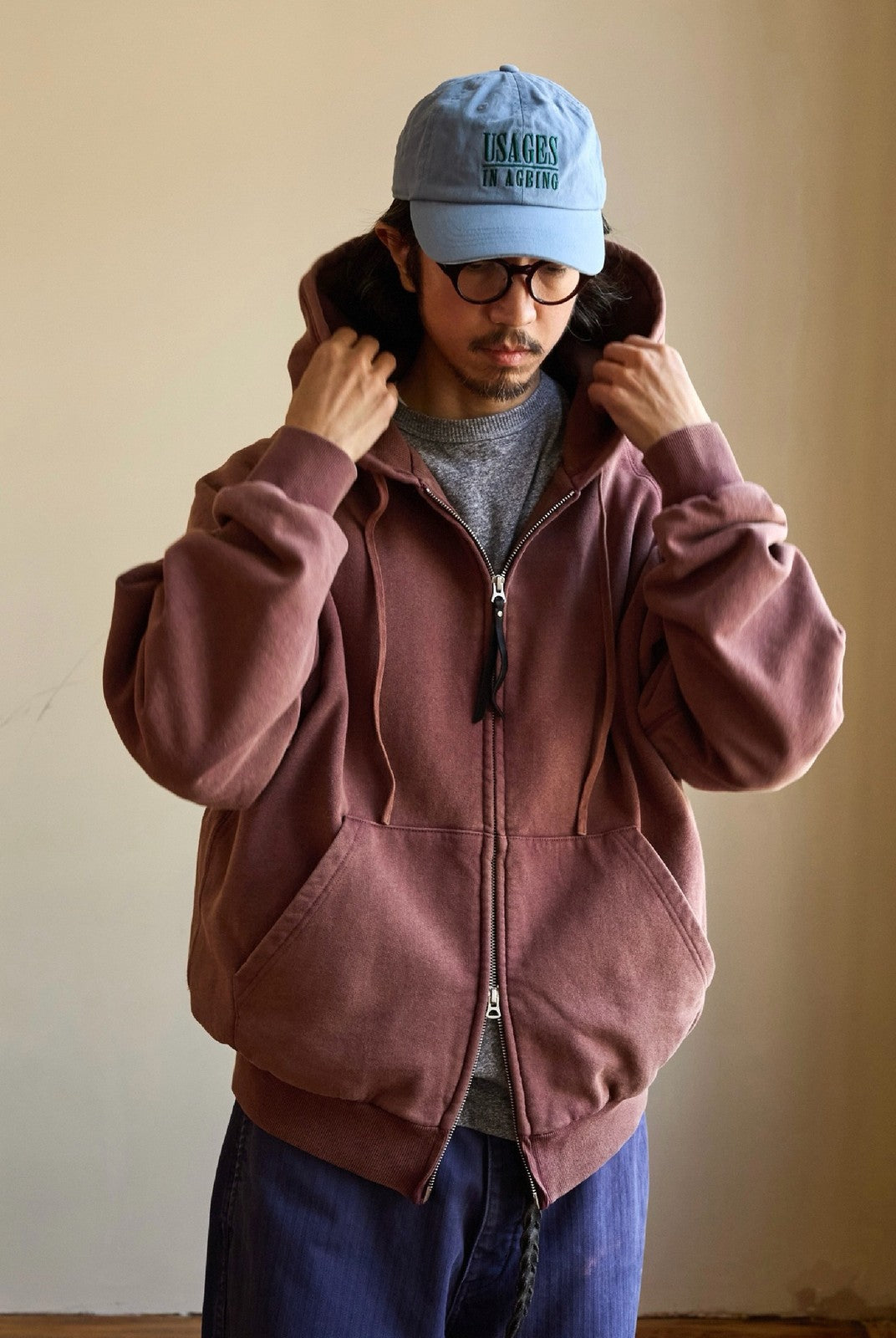 USAGE Vintage Washed Double Layer Zip Hoodie in Burgundy - On Male Model