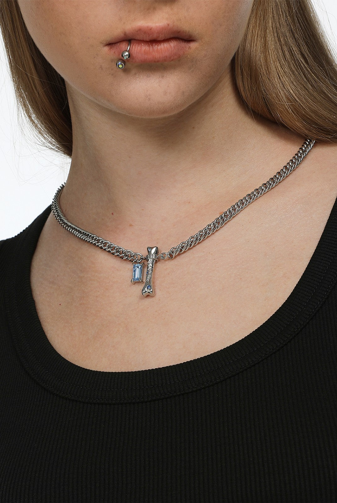 BLACKHEAD Blue Rhinestone Bone Necklace in Silver - On Female Model