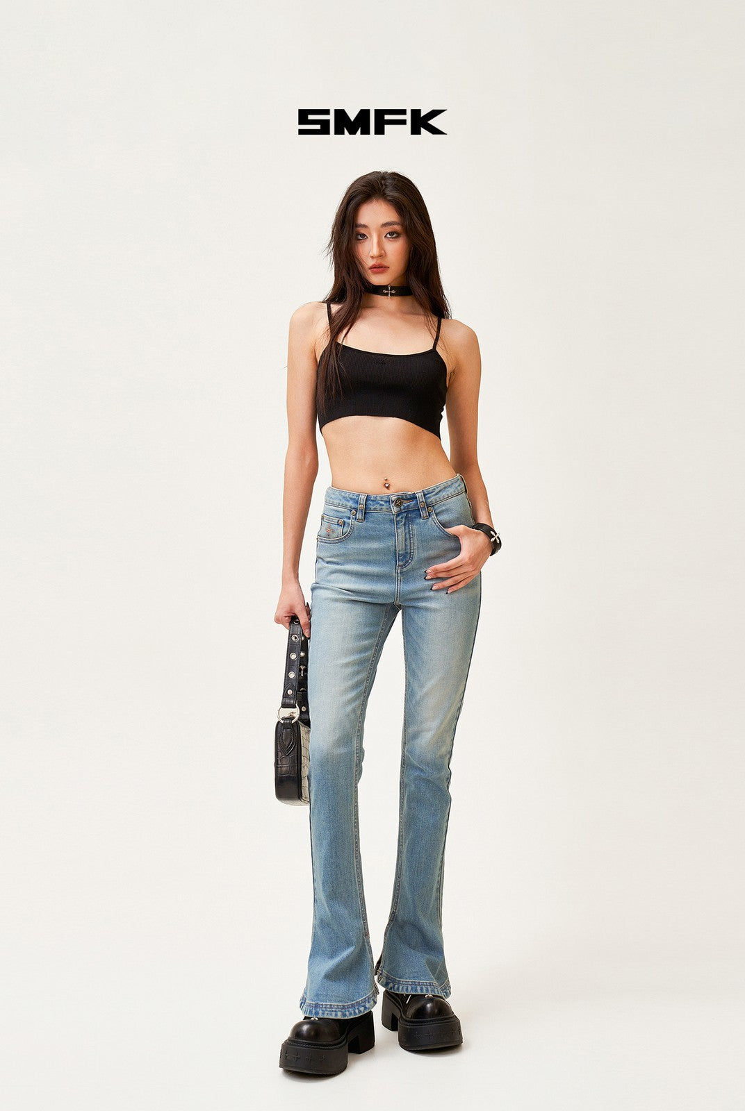 SMFK High Waisted Horseshoe Flare Jeans in Blue - On Female Model