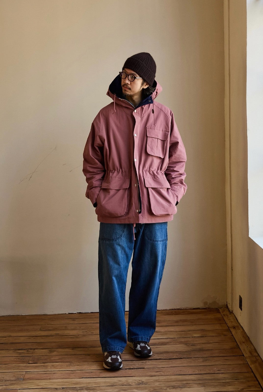 USAGE Cotton Nylon Hooded Mountain Parka in Pink - On Male Model