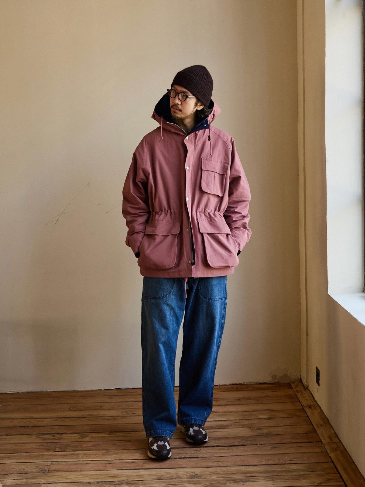 USAGE Cotton Nylon Hooded Mountain Parka in Pink - On Male Model