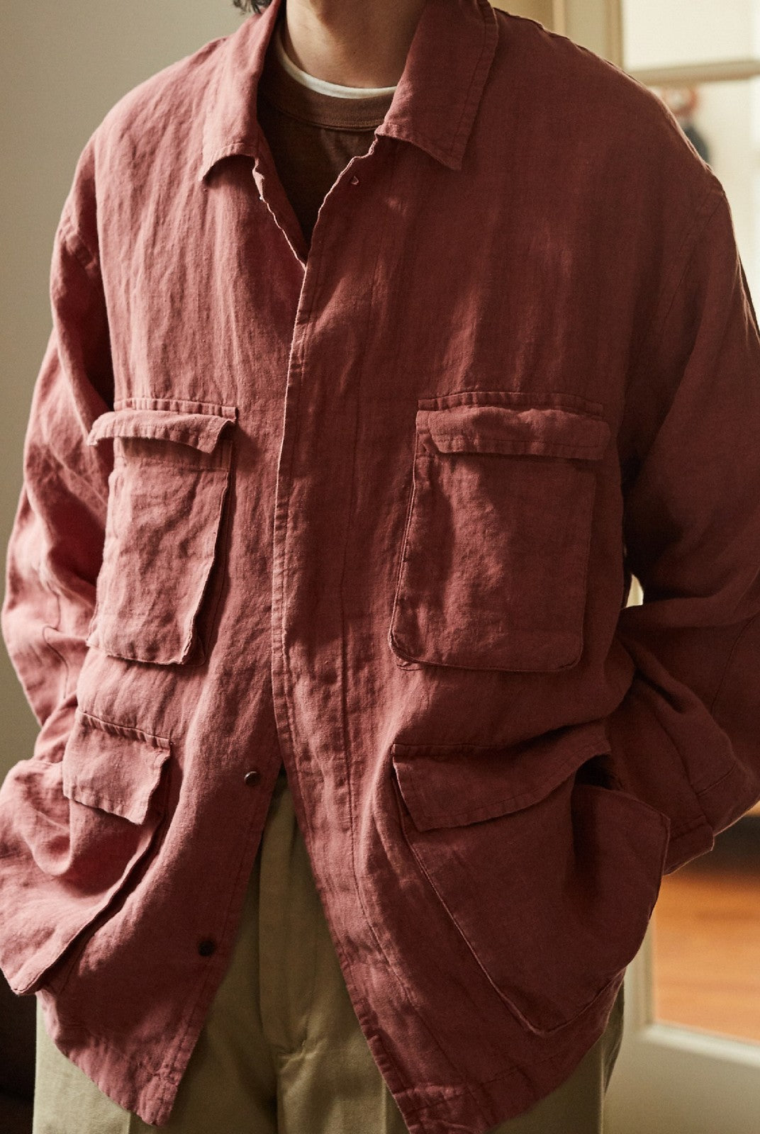 USAGE Linen Four Pocket BDU Jacket in Pink - On Male Model