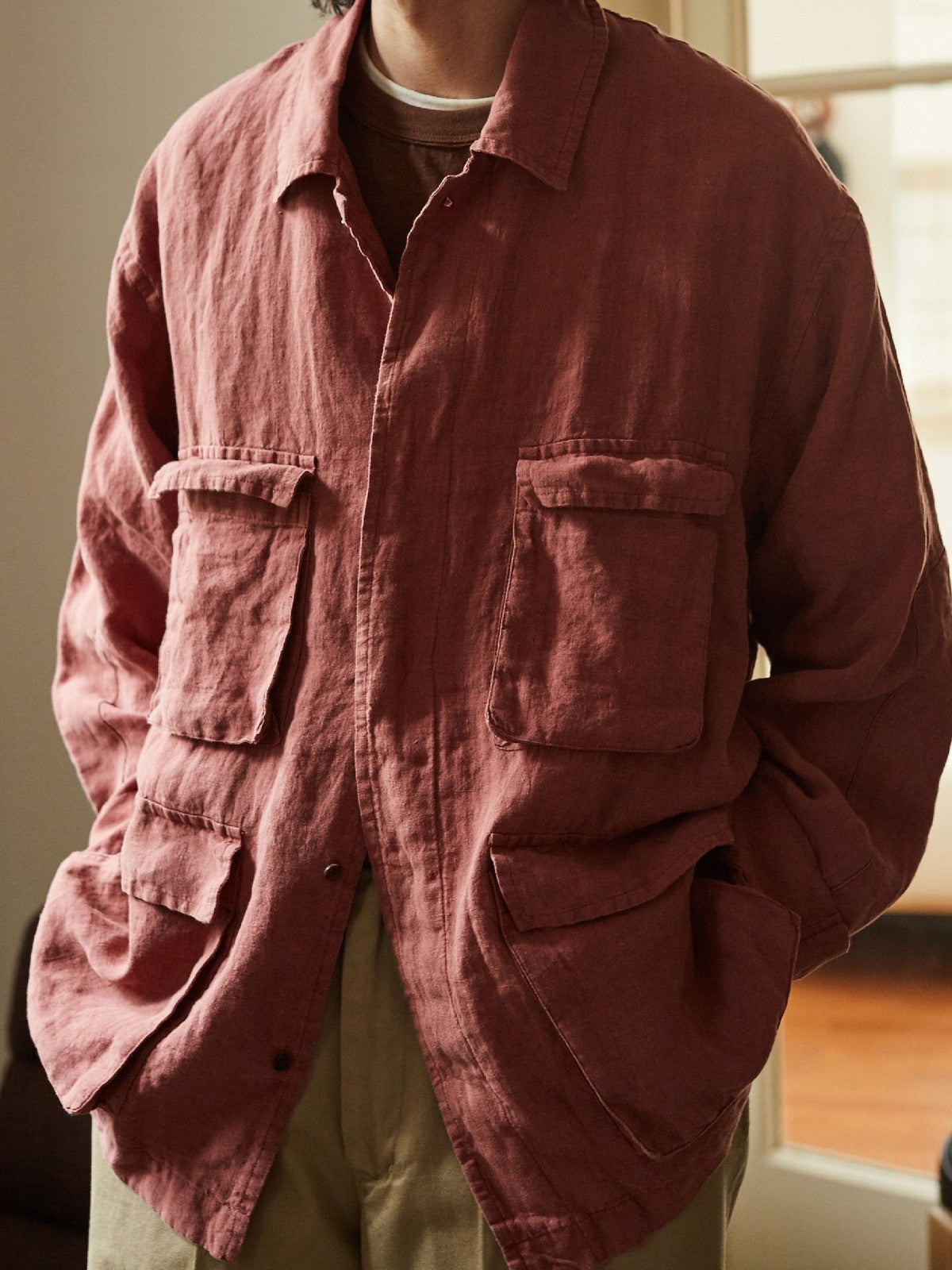 USAGE Linen Four Pocket BDU Jacket in Pink - On Male Model