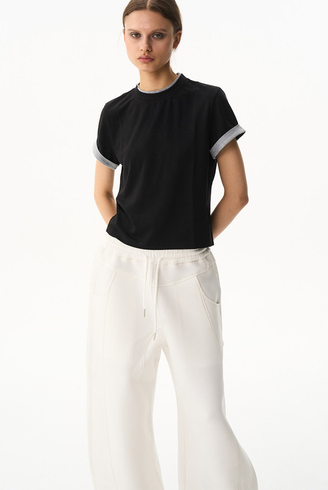 BLINDNOPLAN Embroidered Mock Two Piece T Shirt in Black - On Female Model