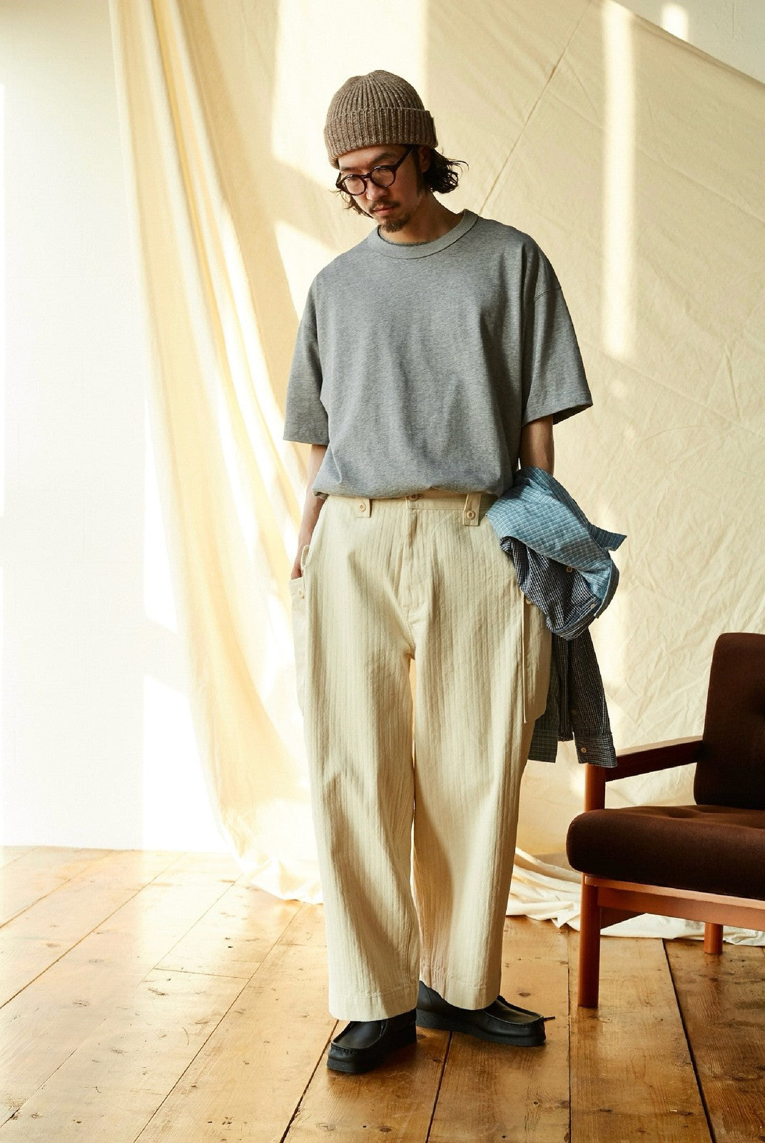 USAGE Heavyweight Herringbone Cargo Pants in White - On Male Model
