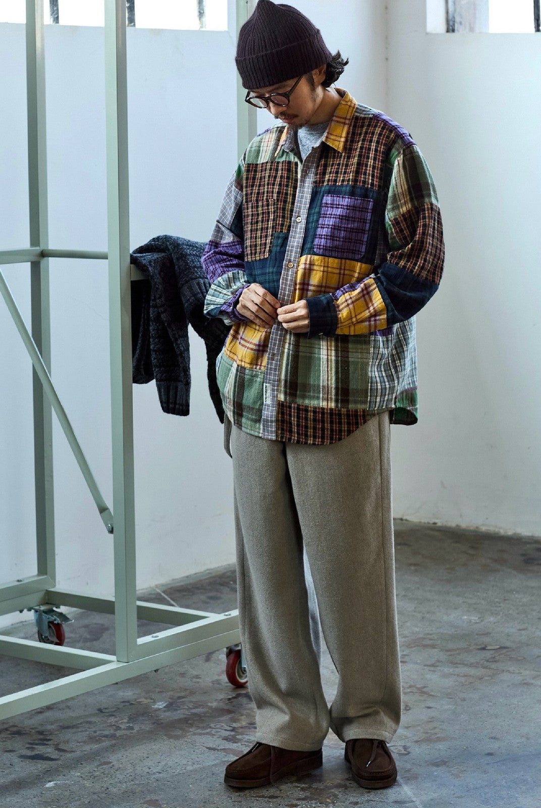 USAGE Cotton Plaid Patchwork Shirt in Patchwork - On Male Model